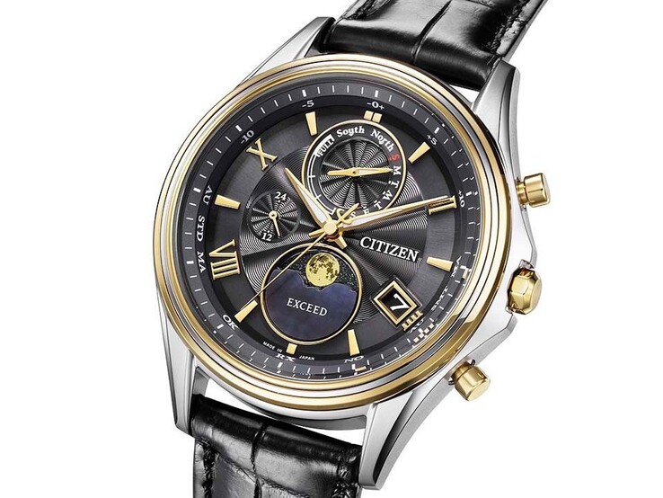 Vista frontale dell’orologio Citizen Exceed “Mid-Autumn Moon” in edizione limitata BY1025-17E, che mostra il quadrante in madreperla nera, l’indicatore analogico delle fasi lunari a ore 6, le lancette e gli indici di colore giallo ambra e il cinturino in pelle di coccodrillo nera.