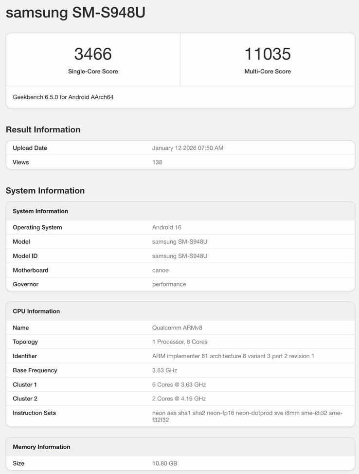 Elenco Geekbench di Galaxy S26 Ultra. (Fonte: Geekbench)