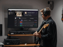 Un chitarrista suona davanti a un monitor che mostra l'app StemKit