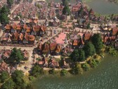 Un'immagine che mostra edifici in Farthest Frontier, attualmente scontato del 50% su Steam.