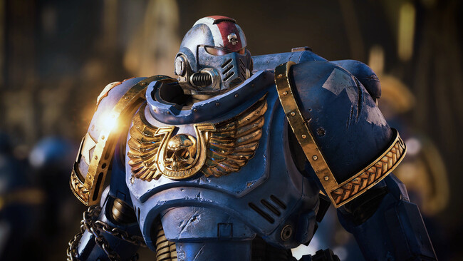 Una schermata di gioco di Warhammer 40.000: Space Marine 2 che mostra l'armatura degli Space Marine. (Fonte immagine: Steam)