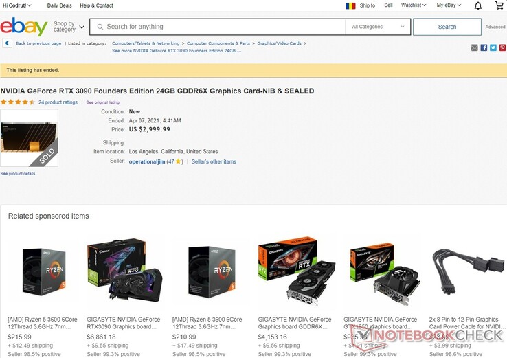 NVIDIA GeForce RTX 3090 Founders Edition venduto su eBay per 2.999,99 dollari e altri prezzi folli (Fonte: Own)