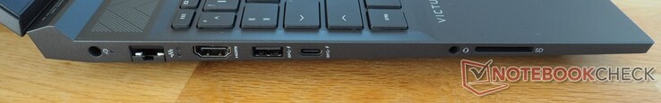 Lato sinistro: connessione di alimentazione, RJ45-LAN, HDMI 2.1, USB-A 3.0, USB-C 3.0 (incl. DisplayPort), porta audio, lettore di schede