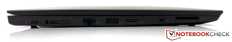 Lato Sinstro: Thunderbolt 3, USB-C 3.1 (Gen1), docking, Gigabit Ethernet, USB 3.0, HDMI 1.4b, jack stereo da 3.5 mm, lettore schede full-size