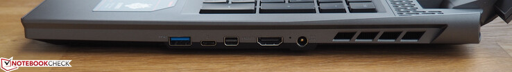 A destra: Porta USB 3.0 Type-A, porta Thunderbolt 3, uscita Mini-DisplayPort 1.4, uscita HDMI 2.0, jack di alimentazione