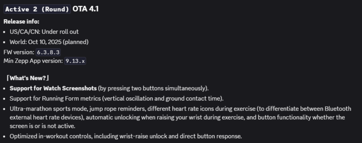 Le note di rilascio della versione firmware 6.3.8.3 per lo smartwatch Active 2 (Round). (Fonte: Amazfit via Discord)