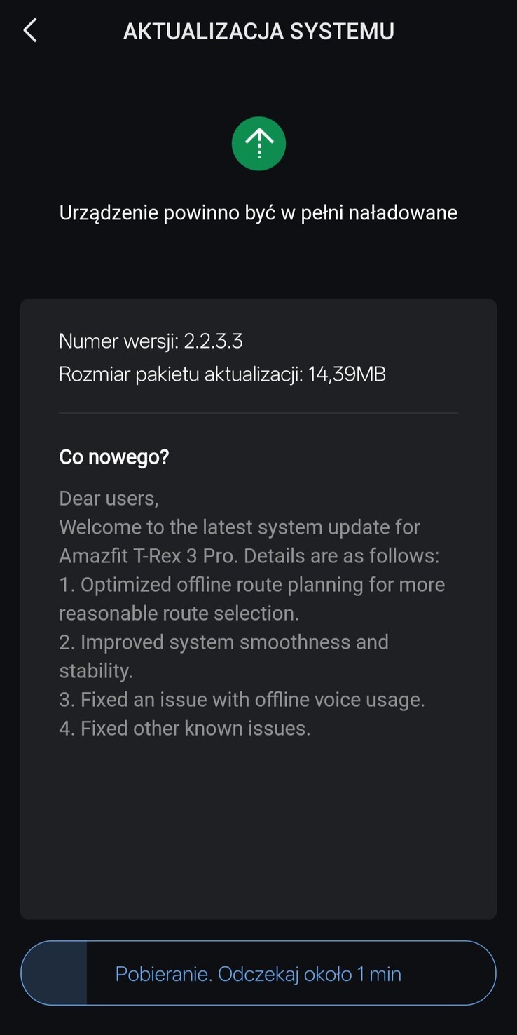 Le note di rilascio dell'aggiornamento alla versione 2.2.3.3 per lo smartwatch Amazfit T-Rex 3 Pro. (Fonte: Amazfit)