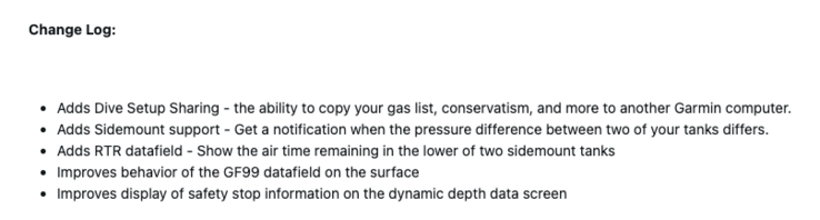 Le note di rilascio per il software di sistema Garmin Descent X50i 5.12