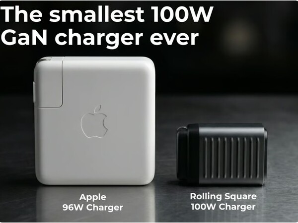 Il caricatore Supertiny 100W GaN è una frazione delle dimensioni del caricatore di un MacBook.