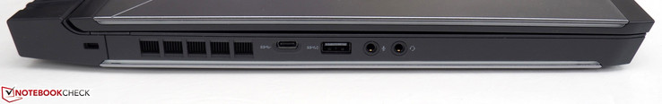 Lato Sinistro: Noble lock, USB 3.0 Type-C, USB 3.0 Type-A, microfono, cuffie