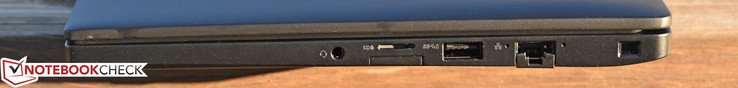 Lato Destro: porta Combo audio, Micro-SD, Sim card, USB 3.0 (alimentata), Gigabit Ethernet, Kensington Lock