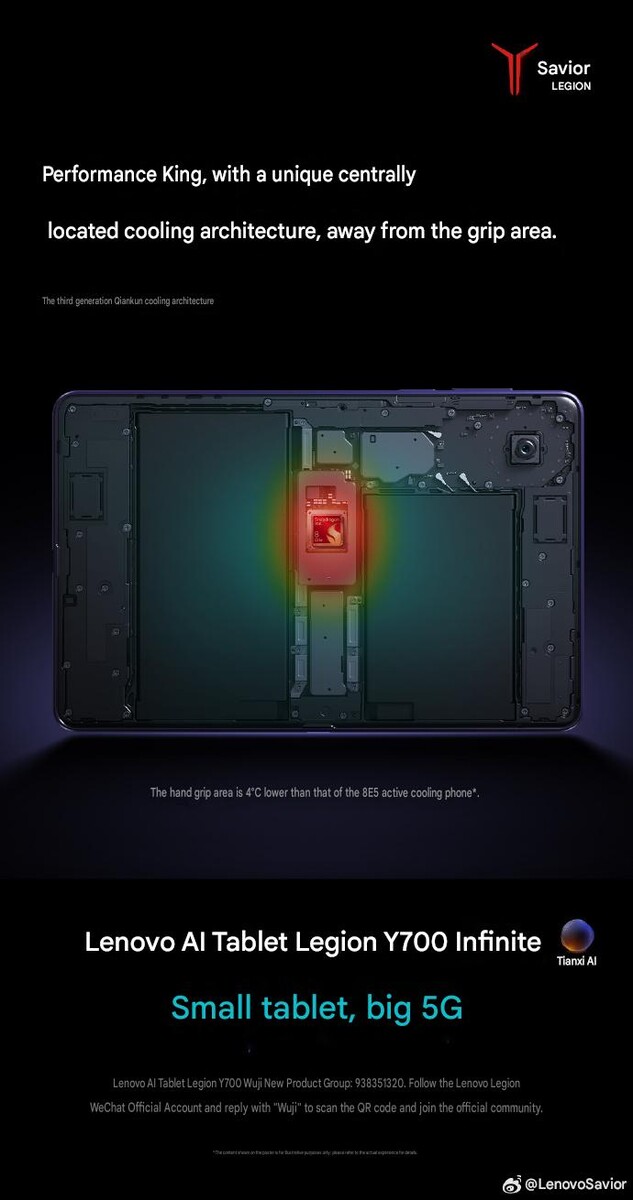 Schema interno del Lenovo Legion Y700 Infinite che mostra il processore Snapdragon posizionato centralmente e l’architettura termica progettata per mantenere più fresca l’area di presa del tablet durante il gioco.
