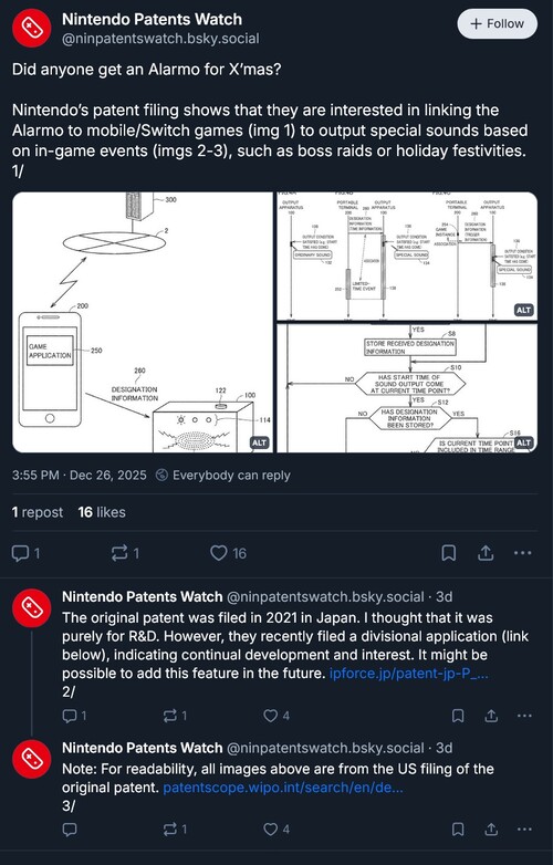 Aggiornamento di Nintendo Patents Watch sul brevetto Alarmo Nintendo (Fonte immagine: screenshot, account Nintendo Patents Watch Bluesky)