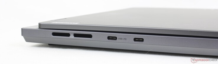 A sinistra: 1x USB-C 3.2 Gen. 2 + DisplayPort 1.4 + 140 W Power Delivery, 1x USB-C 3.2 Gen. 2 + DisplayPort 1.4