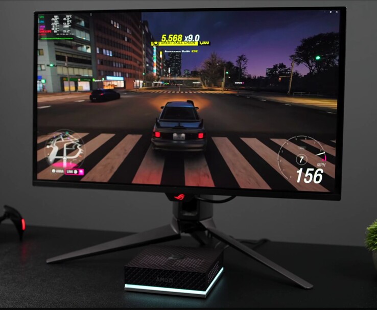 Mini PC AMD Ryzen AI Max+ 395 con SteamOS in esecuzione su un monitor da gioco esterno