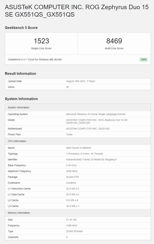 Asus ROG Zephyrus Duo 15 SE con Ryzen 9 5980HX e RTX 3080 - Punteggi CPU di Geekbench. (Fonte: Geekbench)