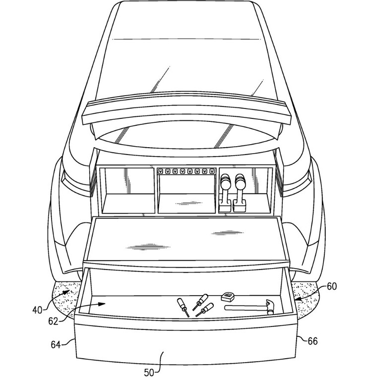 Sembra che Ford intenda l'aggiunta al bagagliaio di F-150 Lightning come una superficie di lavoro, dato tutto lo spazio pratico e le caratteristiche che contiene. (Fonte: Pubblicazione della domanda di brevetto USA)