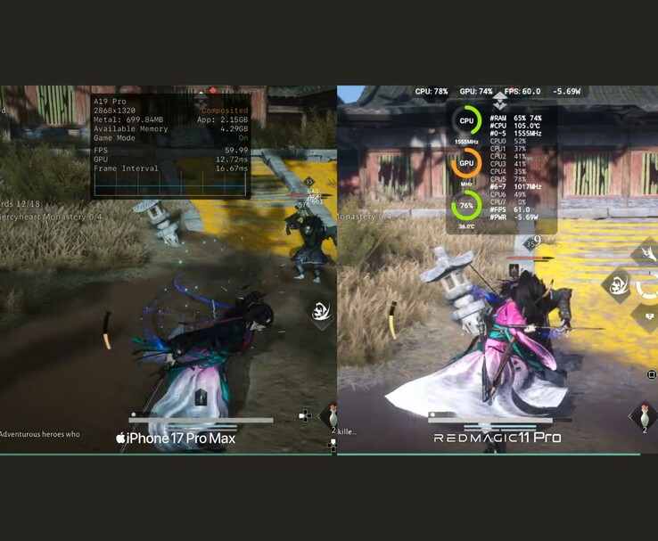 Dove i venti si incontrano Confronto delle prestazioni mobile tra iPhone 17 Pro Max e RedMagic 11 Pro con metriche sullo schermo (Fonte immagine: Dame Tech via YouTube)