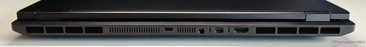 Posteriore: USB-C 4.0 con Thunderbolt 4 (40 Gbps, DisplayPort 2.1 via iGPU, 140 W Power Delivery), connettore di alimentazione, Mini DisplayPort 2.1 (via dGPU, DP40/UHBR10, VRR/G-Sync), HDMI 2.1 (via dGPU, 48 Gbps, HDCP 2.3, VRR/G-Sync)