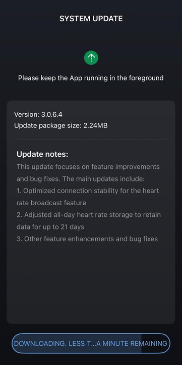 Le note di rilascio per la versione 3.0.6.4 del software di Amazfit Helio Strap (fonte: Amazfit)