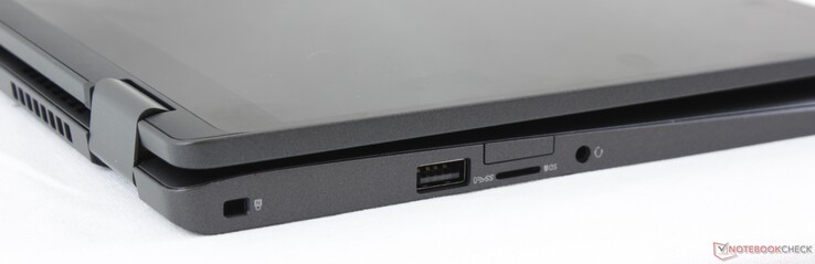 A destra: Noble Lock, USB 3.1 Gen 1 Type-A, lettore MicroSD, lettore MicroSIM (opzionale), 3.5 mm combo audio