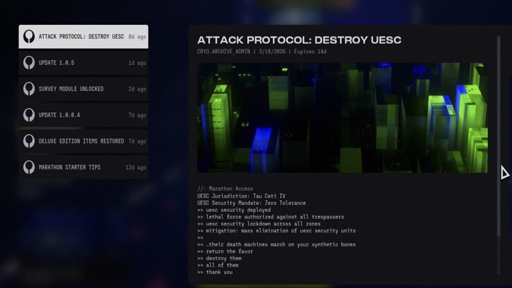 Il pannello delle notizie della maratona mostra l'aggiornamento 1.0.5 e le informazioni relative ai nuovi contenuti.