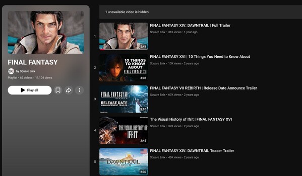 Playlist Final Fantasy di Square Enix su YouTube (Fonte immagine: screenshot, Square Enix YouTube)