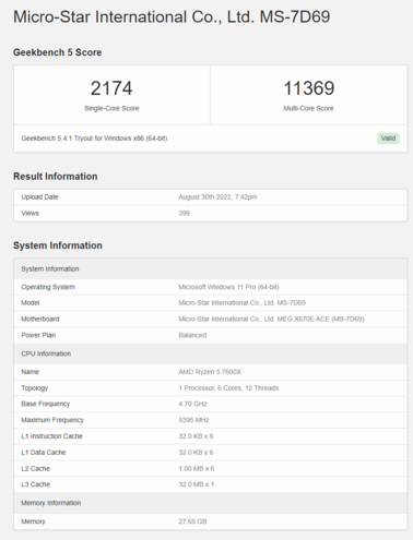 AMD Ryzen 5 7600 su Geekbench. (Fonte: Geekbench)