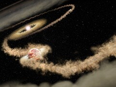 Un’immagine modificata che raffigura una stella e un buco nero.