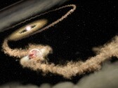 Un’immagine modificata che raffigura una stella e un buco nero.