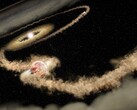 Un’immagine modificata che raffigura una stella e un buco nero.