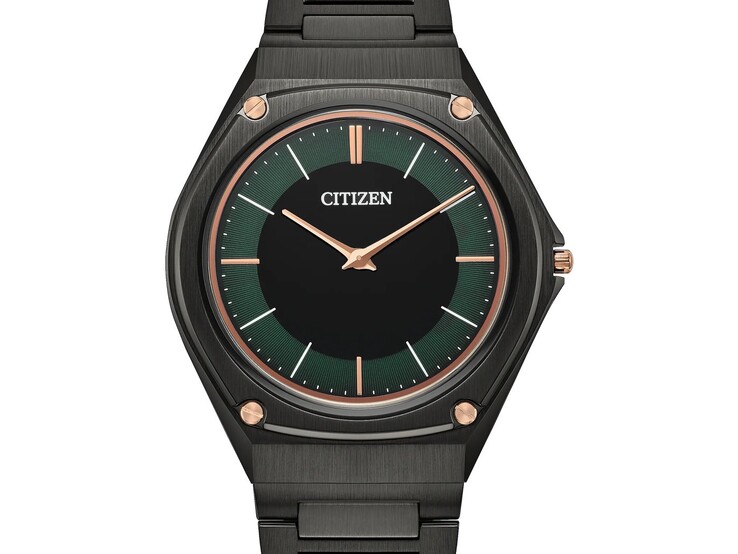 Il modello AR5065-54W presenta un quadrante di un suggestivo verde bosco con il centro nero e lancette, indici e viti della lunetta color oro rosa.