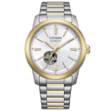 Orologio automatico Citizen NH9154-51A bicolore con quadrante argentato, lunetta e maglie centrali del bracciale color oro, e un'apertura a cuore visibile sopra le ore 6.