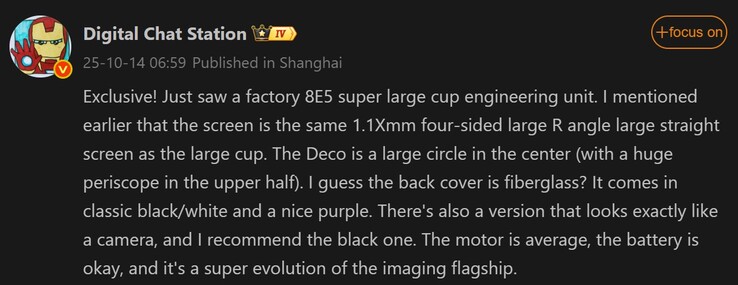 Il nuovo rapporto di Digital Chat Station sullo Xiaomi 17 Ultra (Fonte immagine: Weibo - traduzione automatica)