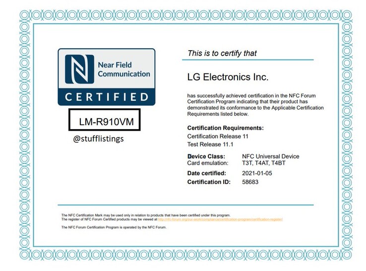 @stufflistings individua il "LG Rollable" con certificazione NFC. (Fonte: NFC Forum via Twitter)