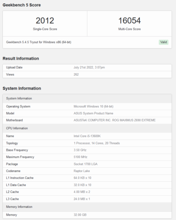 Intel Core i5-13600K: l'elenco di Geekbench (immagine da Geekbench)