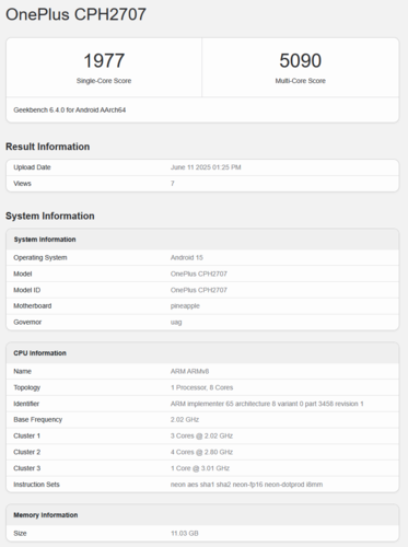Elenco Geekbench di OnePlus Nord 5 (fonte: Geekbench)