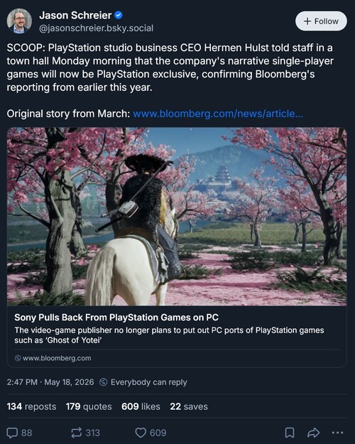 Jason Schreier Bluesky post sulle esclusive PS5