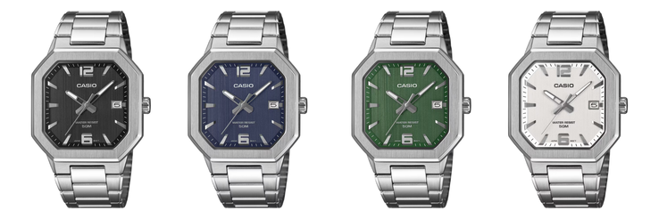 Da sinistra a destra: gli orologi Casio MTP-B195D-1AV, MTP-B195D-2AV, MTP-B195D-3AV e MTP-B195D-7AV. (Fonte immagine: Casio, a cura)
