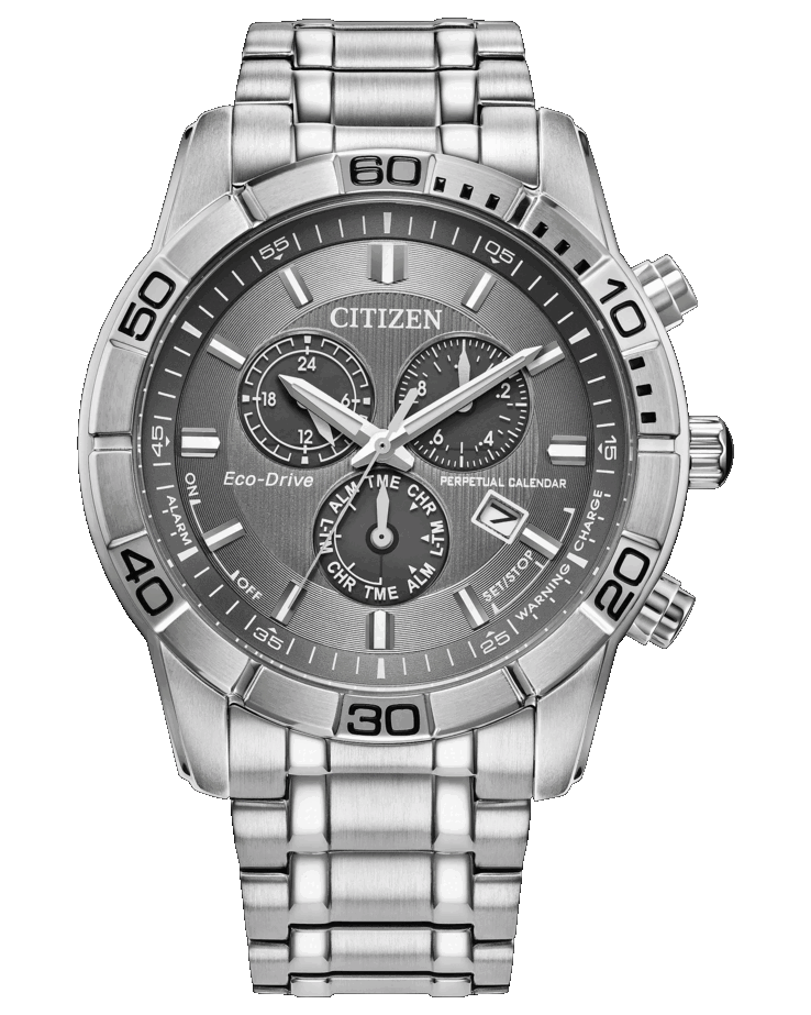 Cronografo Citizen Classic Eco-Drive con quadrante grigio, cassa in acciaio inossidabile spazzolato da 44 mm, lunetta fissa da 60 minuti e tre contatori.