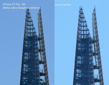 iPhone 17 Pro - Zoom 24 x senza perdita con l'obiettivo 300-600 mm (a sinistra) vs. zoom digitale 24x (a destra).