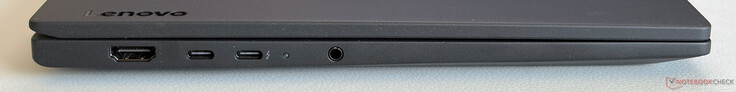 Lato sinistro: HDMI 2.1, USB-C 3.2 Gen.1 (5 Gbps, DisplayPort 1.2, Power Delivery), USB-C 4.0 con Thunderbolt 4 (40 Gbps, DisplayPort 2.1, Power Delivery), jack stereo da 3,5 mm