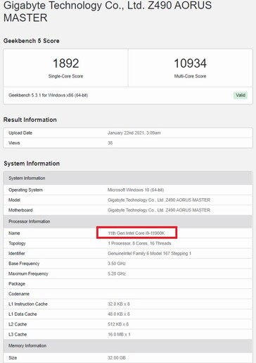 Intel Core i9-11900K. (Fonte Immagine: Geekbench)