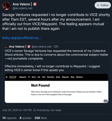 Ana Valens annuncia le dimissioni da Vice (Fonte immagine: screenshot, account Ana Valens Bluesky)