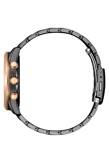 Vista laterale del Citizen Eco-Drive BY1036-53L che mette in risalto la lunetta, la corona e i pulsanti in oro rosa e il bracciale nero
