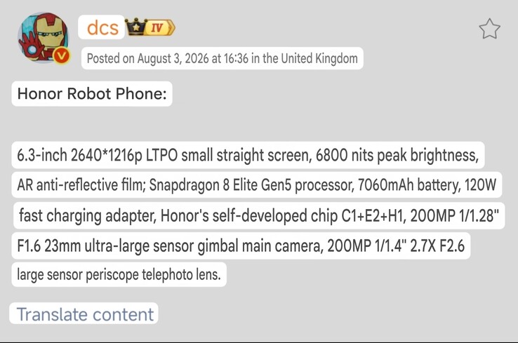 Specifiche tecniche dell’Honor Robot Phone descritte in dettaglio nel post pubblicato da DCS su Weibo