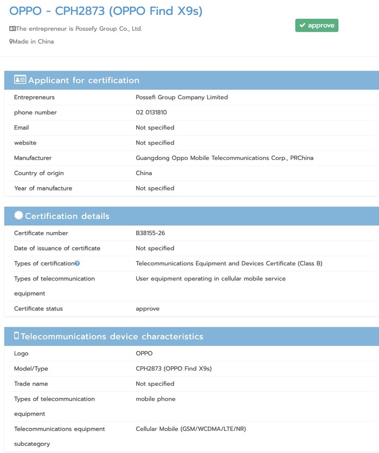 L'Oppo Find X9s ha ottenuto la certificazione NBTC.