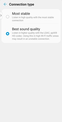 Il tipo di connessione utilizza il codec SBC o AAC nella modalità Più stabile e il codec LDAC ad alta risoluzione nella modalità Migliore qualità del suono. (Fonte immagine: Notebookcheck)