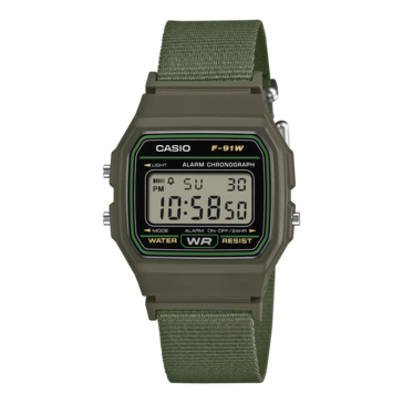Casio F-91WF-3A con cinturino in tessuto verde oliva.