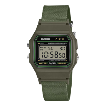 Orologio digitale Casio F-91WF-3A con cassa nera impreziosita da dettagli verdi e cinturino in tessuto verde intrecciato.